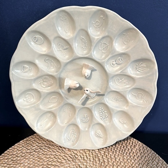 Vintage Blue Ceramic Deviled Easter Egg Holder with White Doves Platter Size 13” - Picture 2 of 9